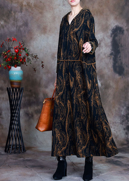 Chocolate Hooded Print Woolen Party Dress Spring