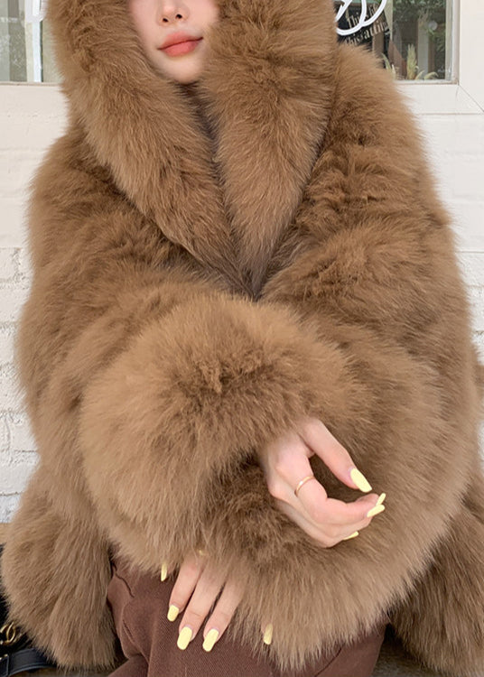 Coffee Hooded Warm Fox Fur Trench Winter