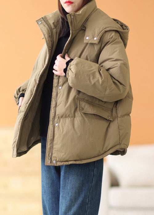 Coffee Hooded Zippered Pockets Cotton Filled Parka Winter