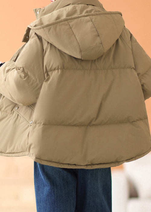 Coffee Hooded Zippered Pockets Cotton Filled Parka Winter