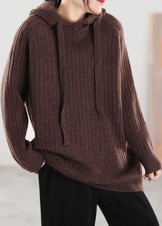 Chocolate Hooded Drawstring Knitted Tops Spring