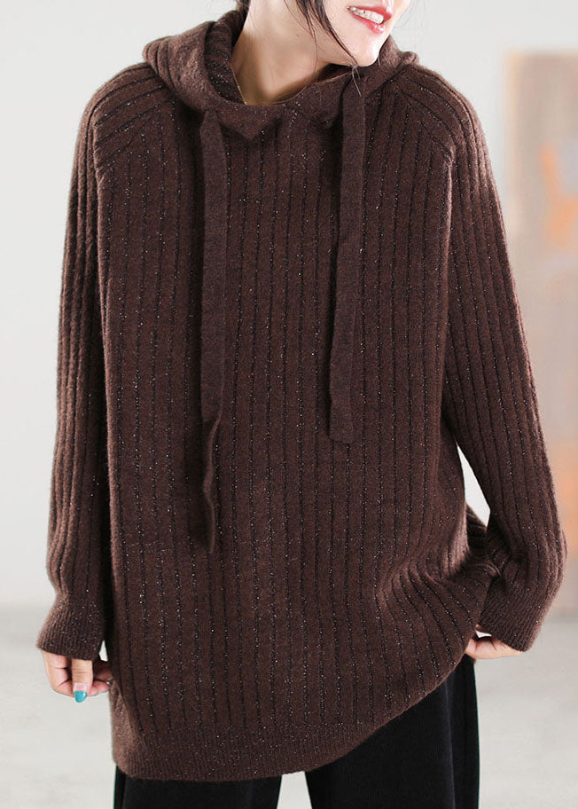 Chocolate Hooded Drawstring Knitted Tops Spring
