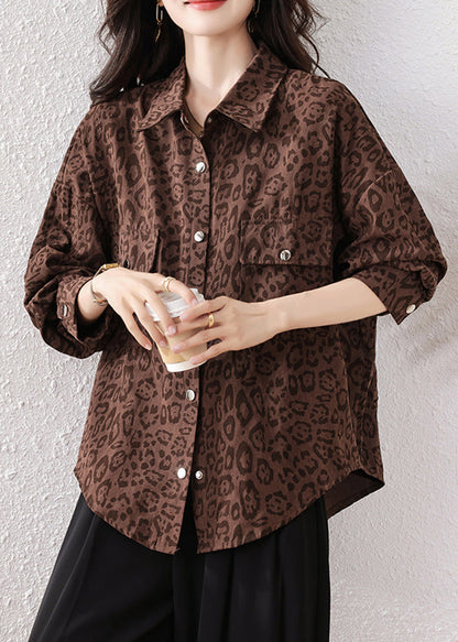Plus Size Coffee Leopard Pockets Cotton Shirts Fall