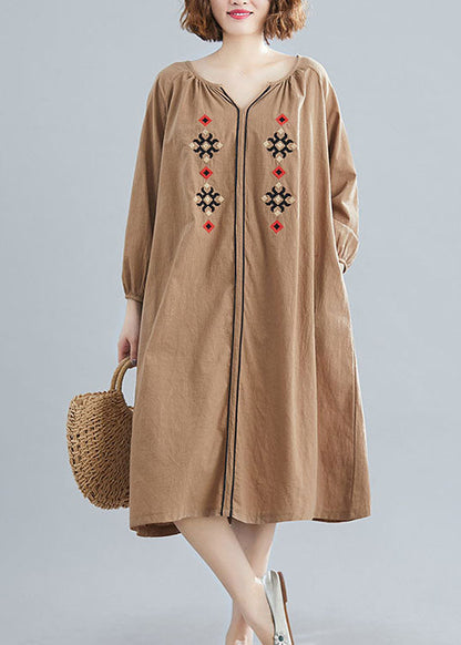 Chocolate Loose Dress V Neck Spring