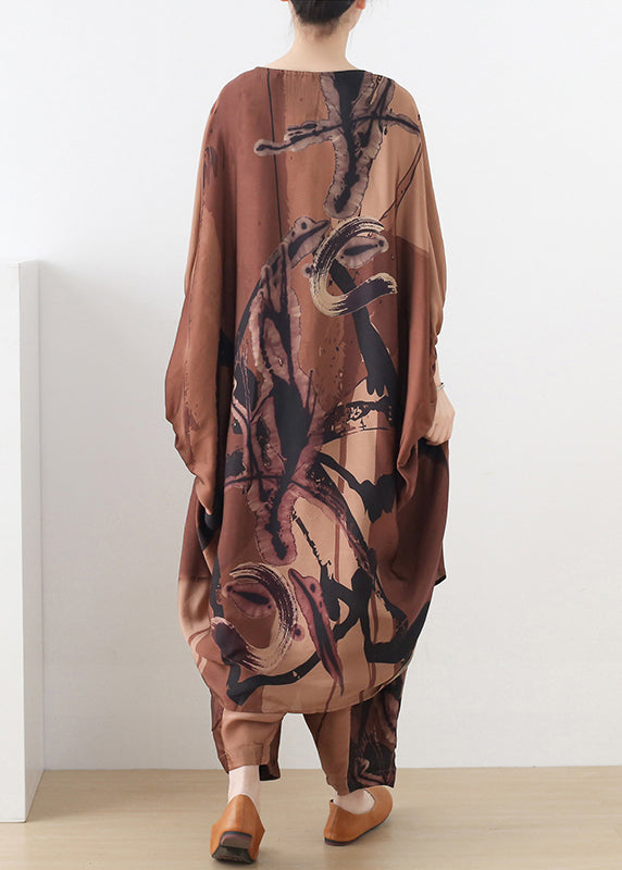 Chocolate O-neck Asymmetrical Print Silk Two Pieces Set Batwing Sleeve