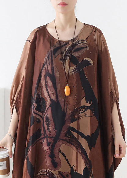 Chocolate O-neck Asymmetrical Print Silk Two Pieces Set Batwing Sleeve