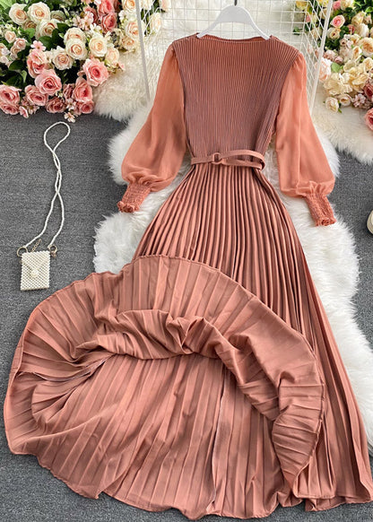 Chocolate O-neck Chiffon Sashes Long Pleated Dress Long Sleeve