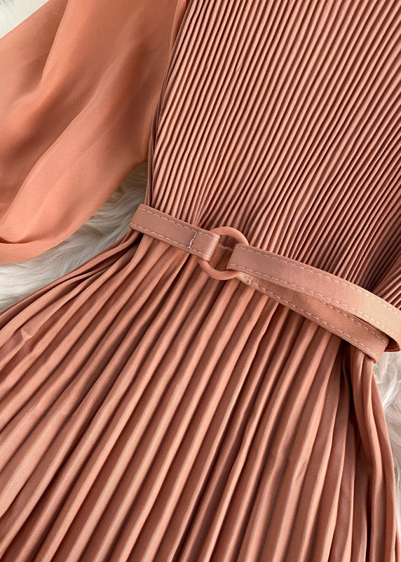 Chocolate O-neck Chiffon Sashes Long Pleated Dress Long Sleeve
