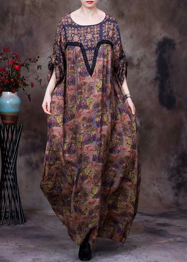Chocolate O-neck Lace Patchwork Print Silk Long Dresses Long Sleeve