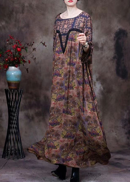 Chocolate O-neck Lace Patchwork Print Silk Long Dresses Long Sleeve