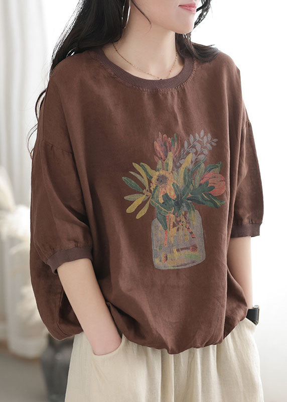 Chocolate O-neck Oversized Print Linen Tanks Short Sleeve