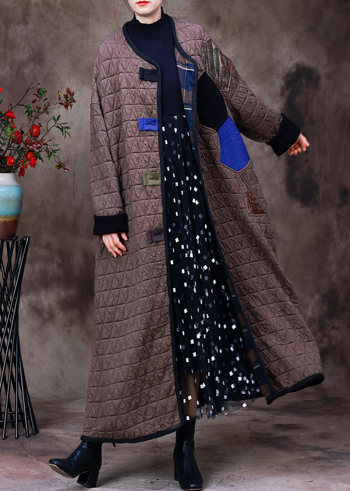 Chocolate O-neck Patchwork Applique Fine Cotton Filled Witner Coat Long Sleeve