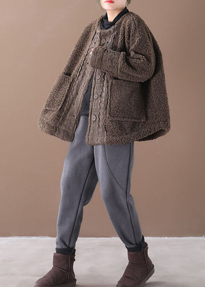 Chocolate O-neck Pockets Fall Winter Thick Coats Long Sleeve
