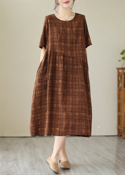 Coffee Oversized Plaid Linen Holiday Dress Summer