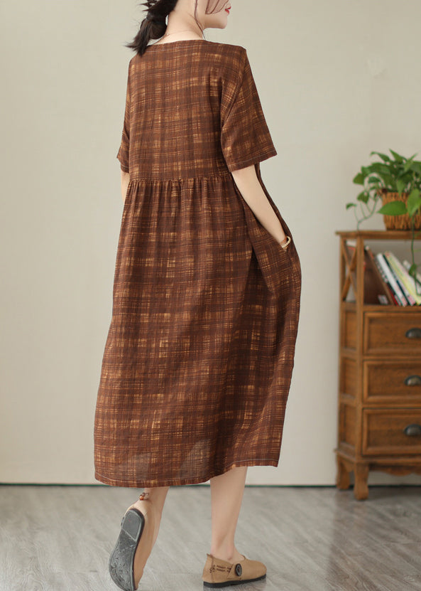 Coffee Oversized Plaid Linen Holiday Dress Summer