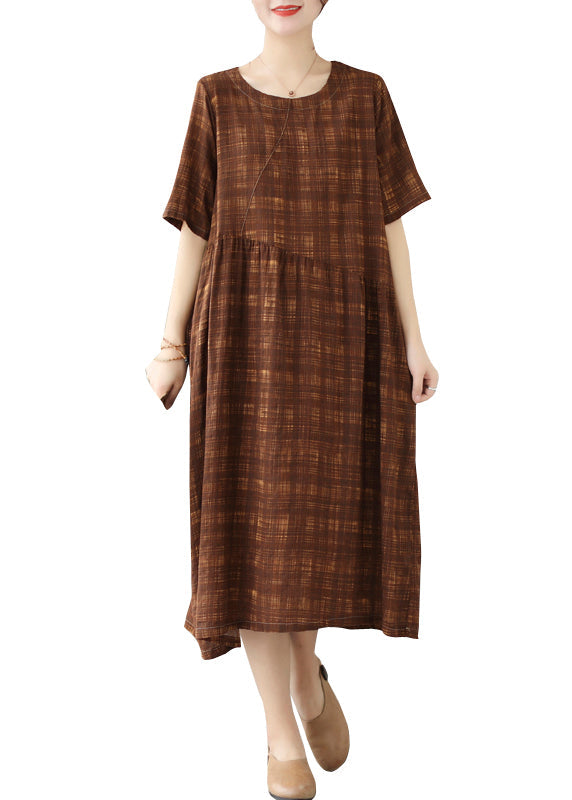 Coffee Oversized Plaid Linen Holiday Dress Summer