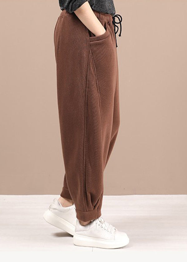 Coffee Pockets Elastic Waist Warm Fleece Pants Winter