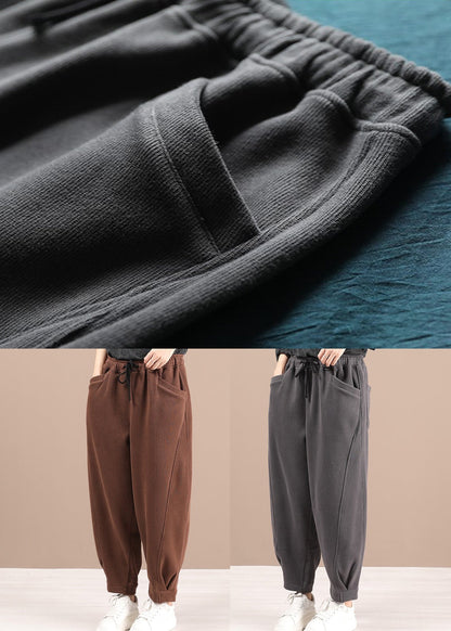 Coffee Pockets Elastic Waist Warm Fleece Pants Winter