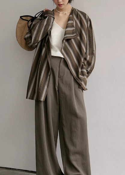 Plus Size Coffee Striped Button Cotton Blouses Fall