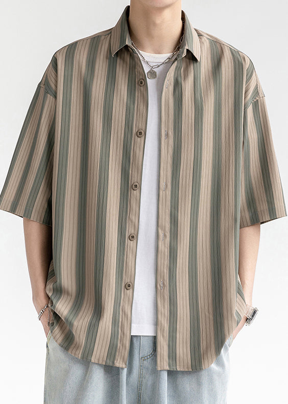 Coffee Striped Button Cotton Shirt Short Sleeve