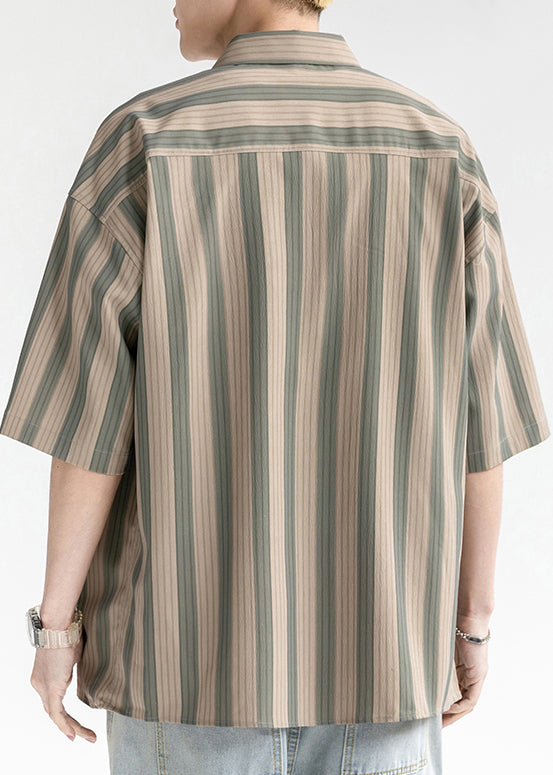 Coffee Striped Button Cotton Shirt Short Sleeve