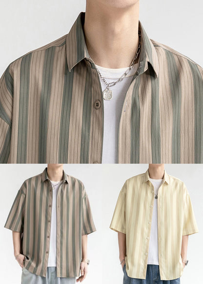 Coffee Striped Button Cotton Shirt Short Sleeve