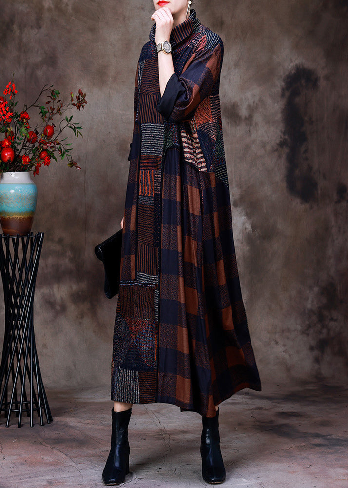 Chocolate Turtleneck Plaid Patchwork Velour Maxi Dress Long Sleeve