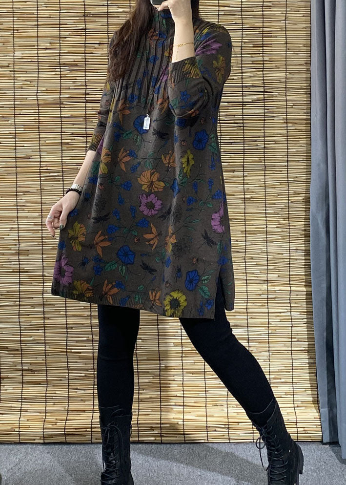 Chocolate Turtleneck Print Side Open Fall Knit Sweater