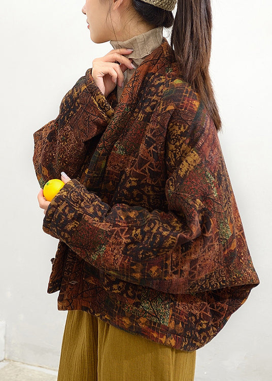 Coffee V Neck Pockets Patchwork Fine Cotton Filled Jacket Batwing Sleeve