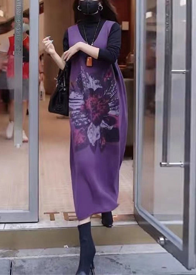 Coffee V Neck Print Cotton Knit Long Dress Sleeveless