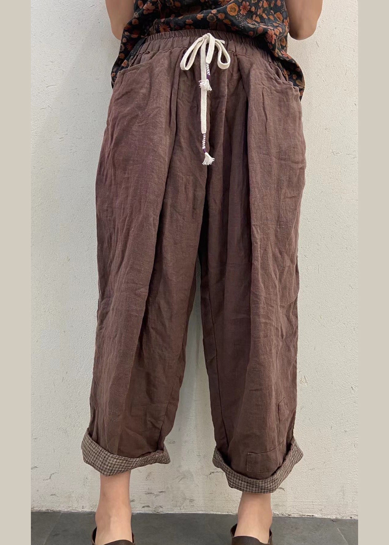 Chocolate Elastic Waist Drawstring Pockets Linen Pants Spring