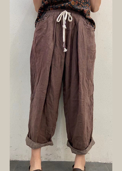 Chocolate Elastic Waist Drawstring Pockets Linen Pants Spring