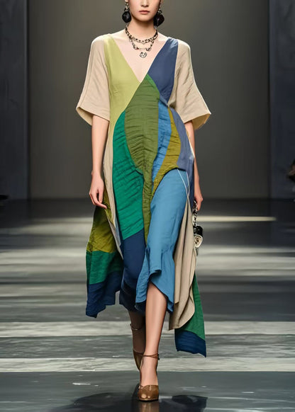 Colorblock Asymmetrical Design Wrinkled Cotton Dresses Summer