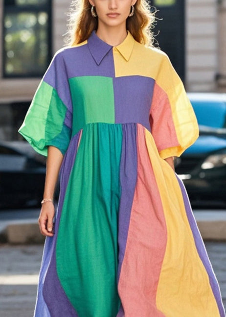Colorblock Asymmetrical Patchwork Cotton Long Dresses Spring
