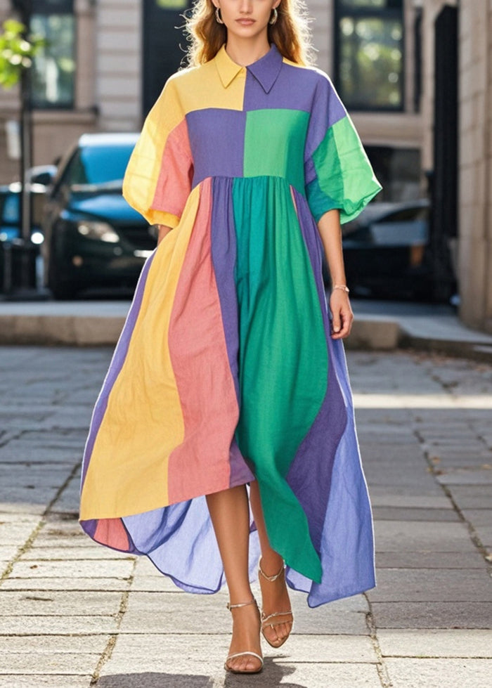 Colorblock Asymmetrical Patchwork Cotton Long Dresses Spring