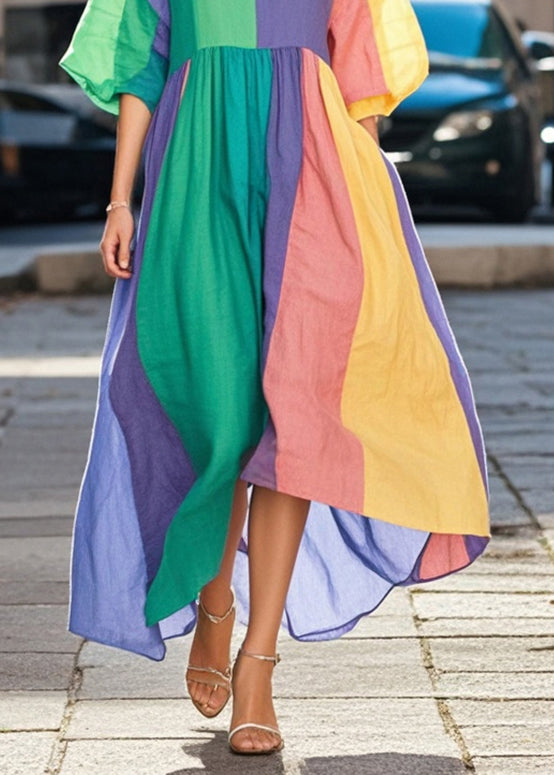 Colorblock Asymmetrical Patchwork Cotton Long Dresses Spring