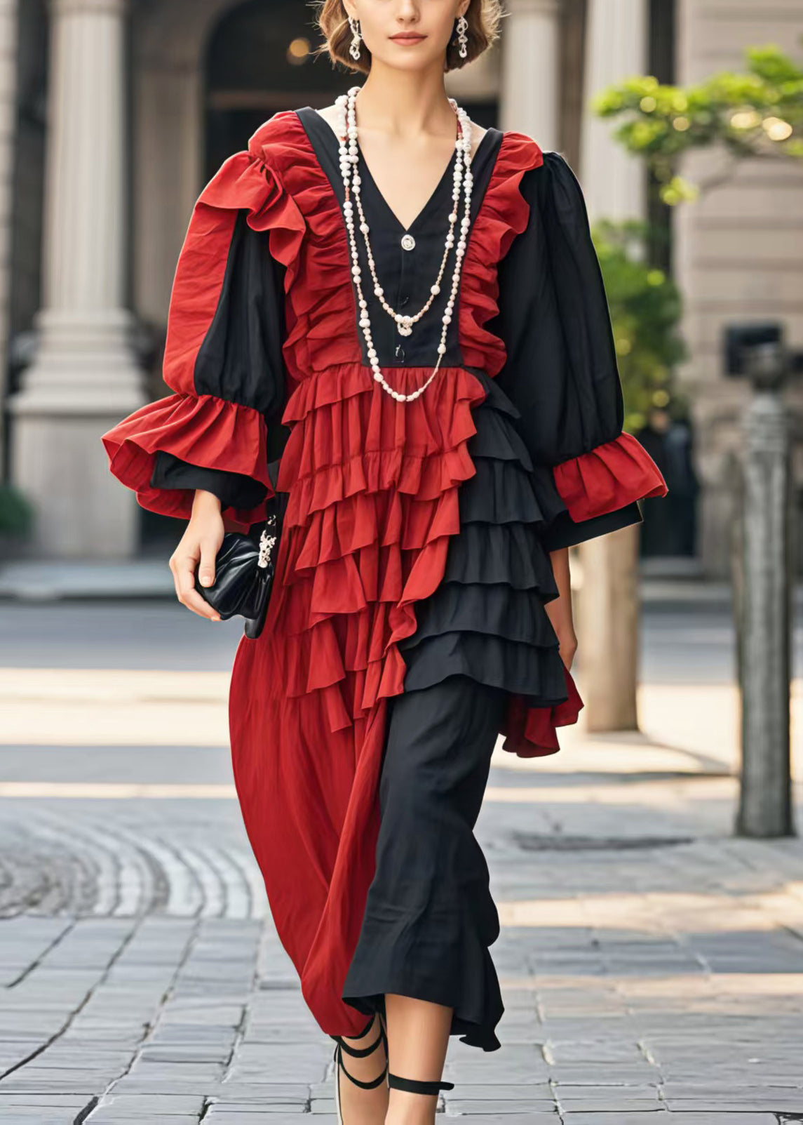 Colorblock Asymmetrical Patchwork Ruffles Party Dress Flare Sleeve
