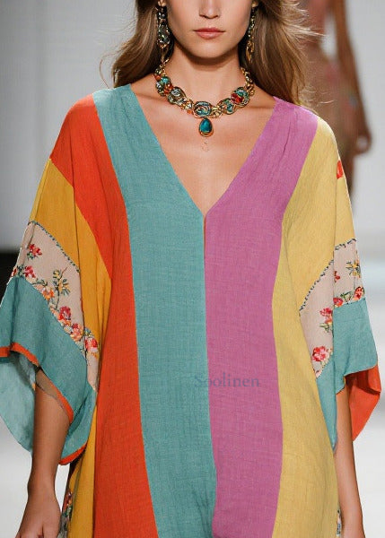 Colorblock Asymmetrical Striped Cotton Dresses Summer