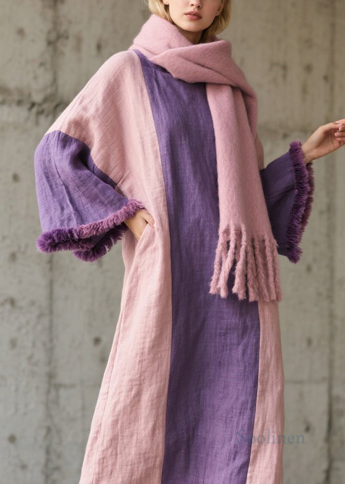 Colorblock Fuzzy Fur Patchwork Cotton Dress Fall