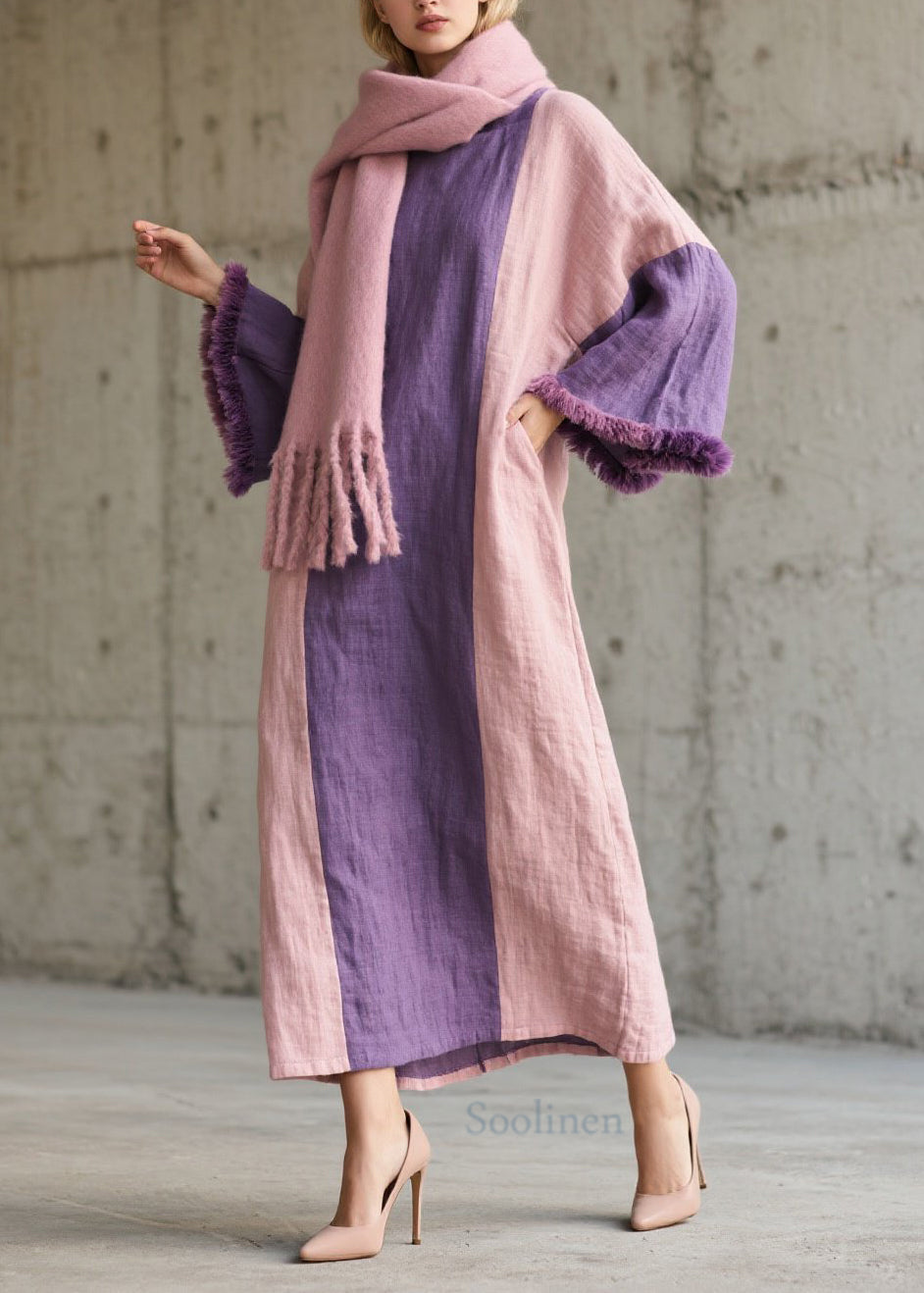 Colorblock Fuzzy Fur Patchwork Cotton Dress Fall