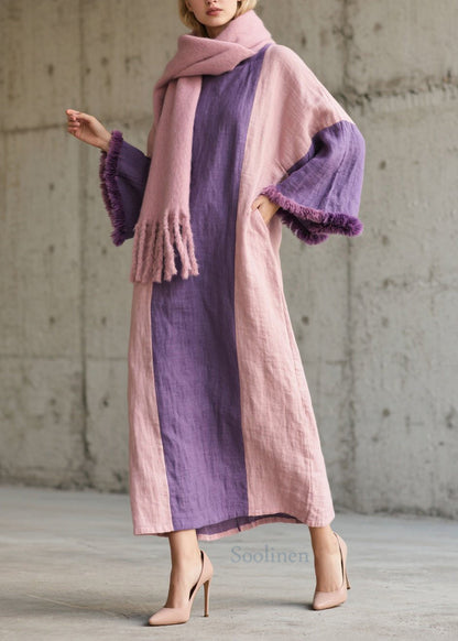 Colorblock Fuzzy Fur Patchwork Cotton Dress Fall