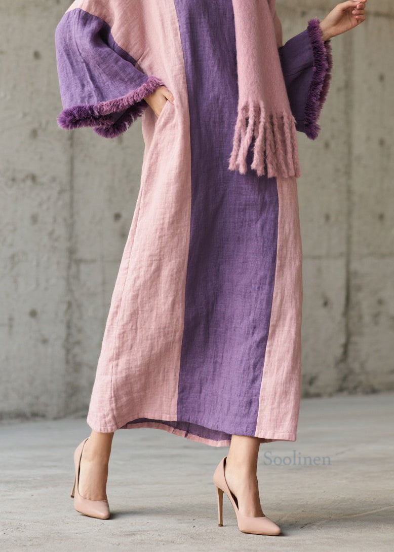 Colorblock Fuzzy Fur Patchwork Cotton Dress Fall