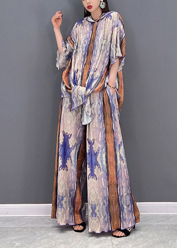 Plus Size Colorblock Hooded Side Open Print Tops And Wide Leg Pants Two-Piece Set Spring