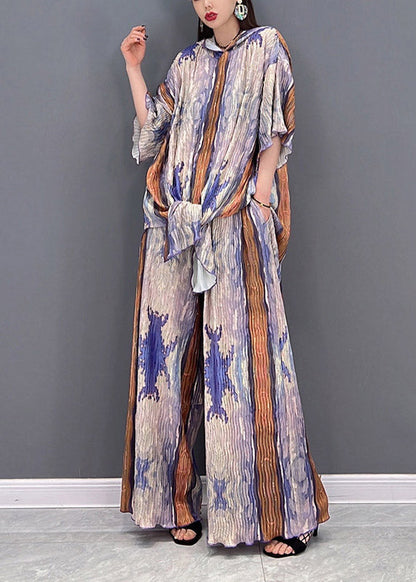 Plus Size Colorblock Hooded Side Open Print Tops And Wide Leg Pants Two-Piece Set Spring