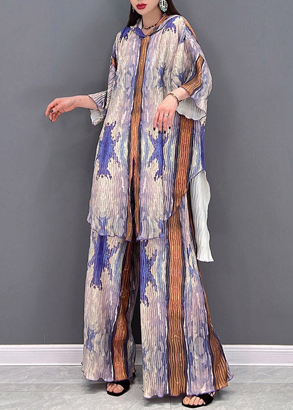Plus Size Colorblock Hooded Side Open Print Tops And Wide Leg Pants Two-Piece Set Spring