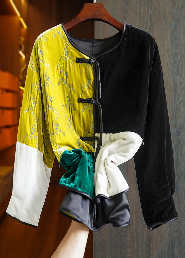 Colorblock O Neck Button Patchwork Silk Velour Parka Winter