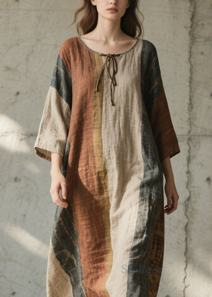 Colorblock O Neck Cotton Long Dress Summer