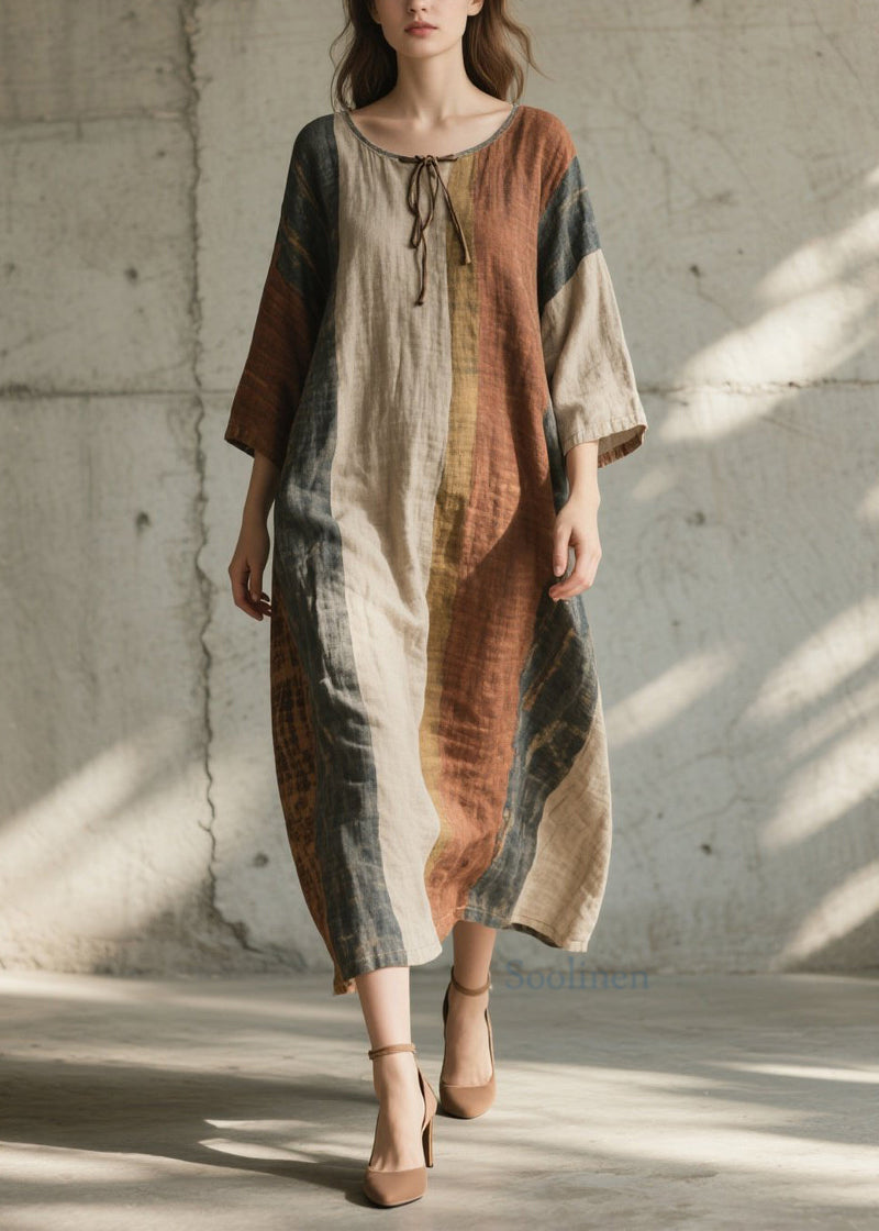 Colorblock O Neck Cotton Long Dress Summer