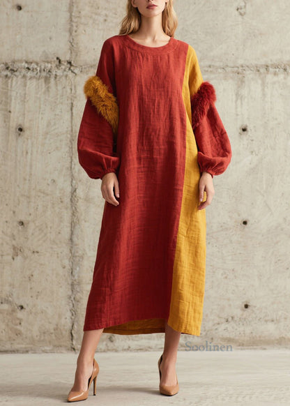 Colorblock O Neck Fuzzy Fur Patchwork Cotton Dress Fall