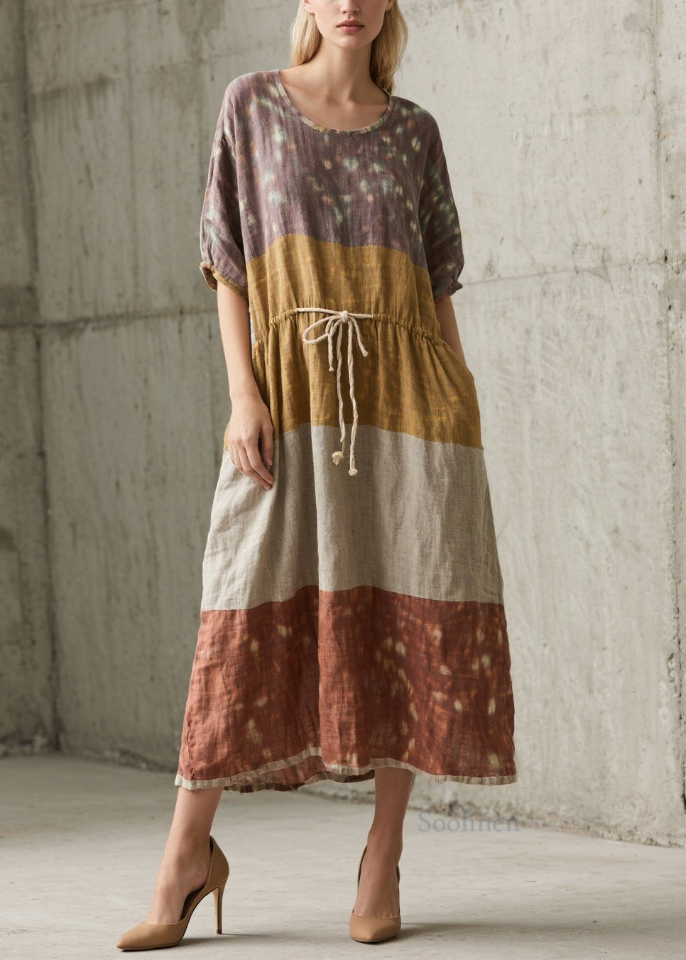 Colorblock O Neck Lace Up Cotton Long Dress Summer